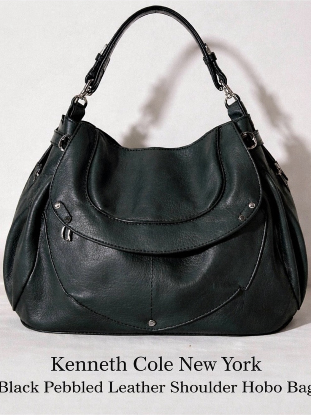 Kenneth Cole New York Black Pebbled Leather Shoulder Hobo Bag